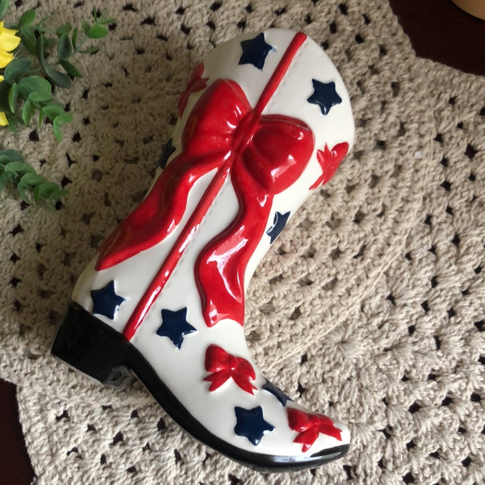 Decorative White Ceramic Cowboy Patriotic Boot with Red Bows and Blue Stars - Picture 9 of 10